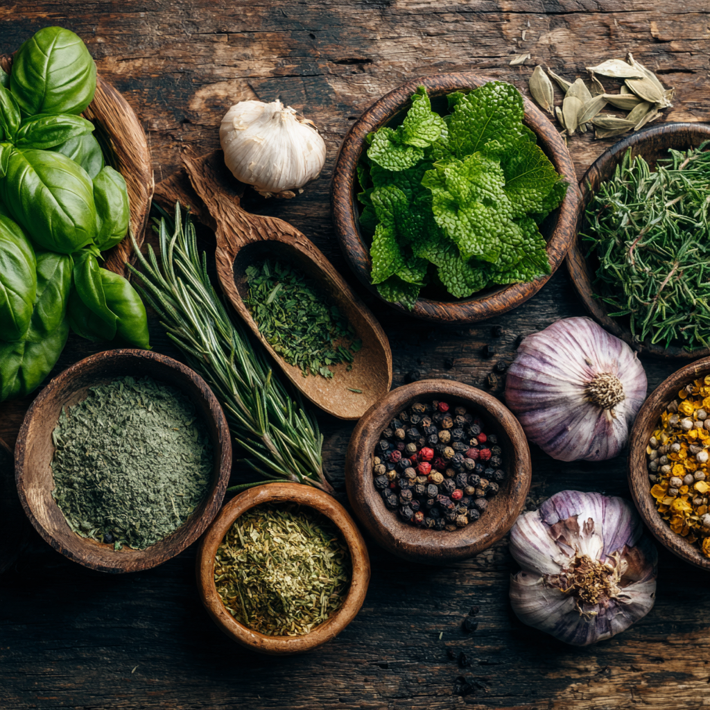 diverse collection of fresh herbs and natural ingredients arranged on wooden table in soft natural lighting
