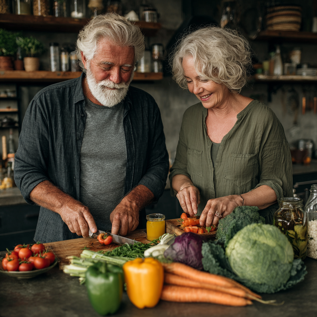 senior couple cooking healthy vegetables together in modern kitchen with natural ingredients